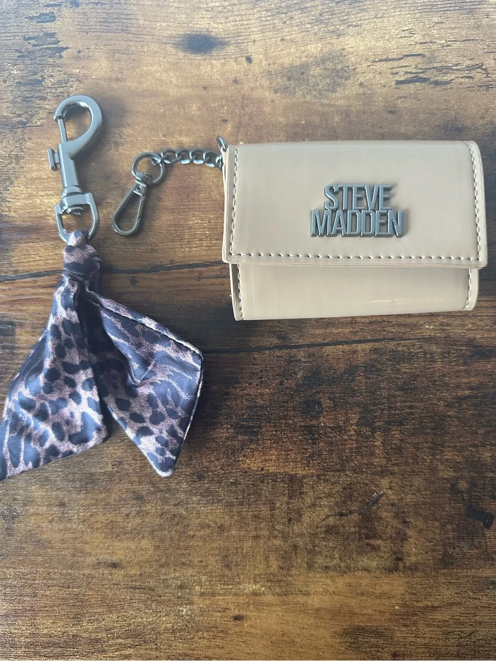 Steve Madden Tan Keychain Wallet Card Holder with Leopard Scarf Bag Charm NWOT